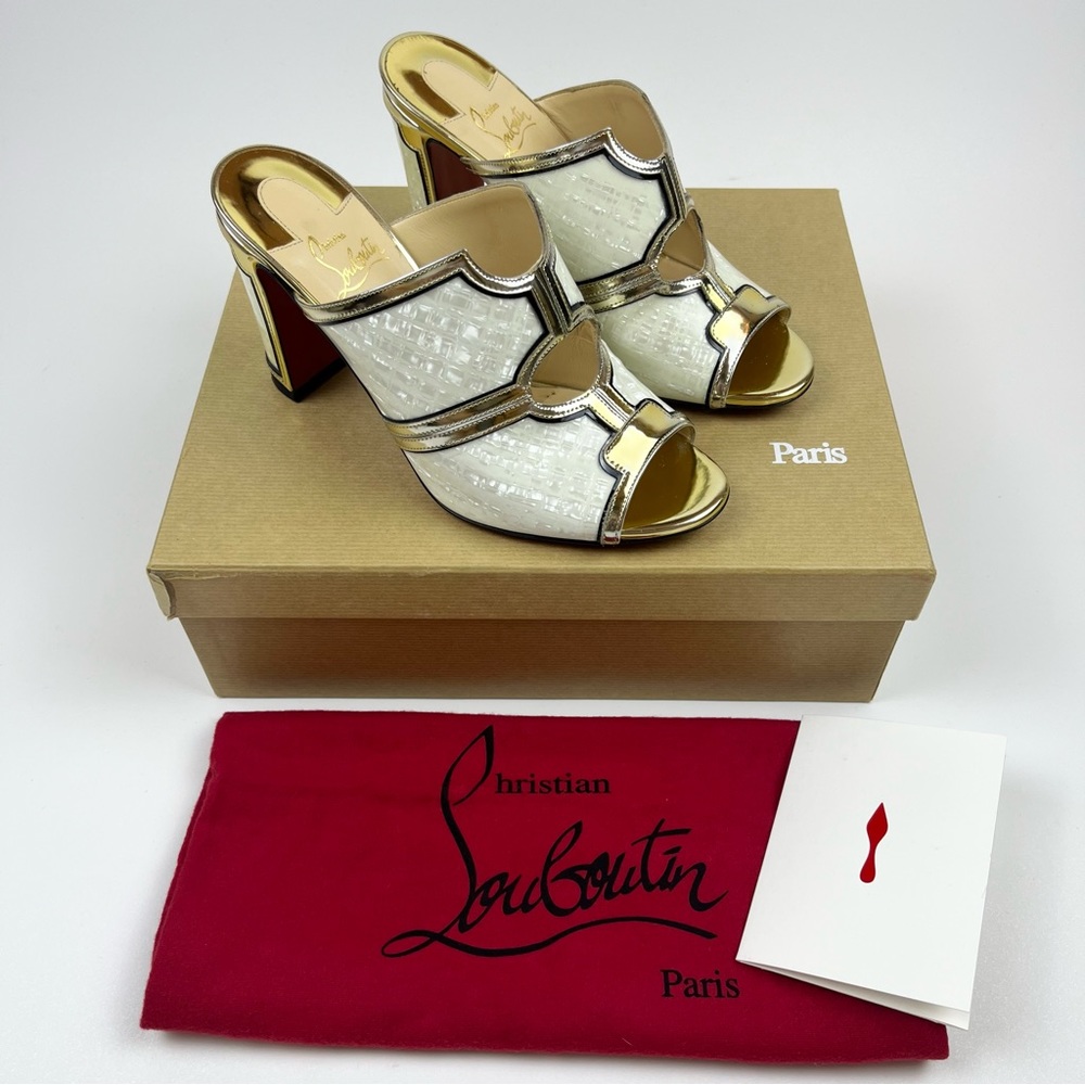 Louboutin Pearl White Gold Mules Two-toned open toe. Size 39 but fits as a 7